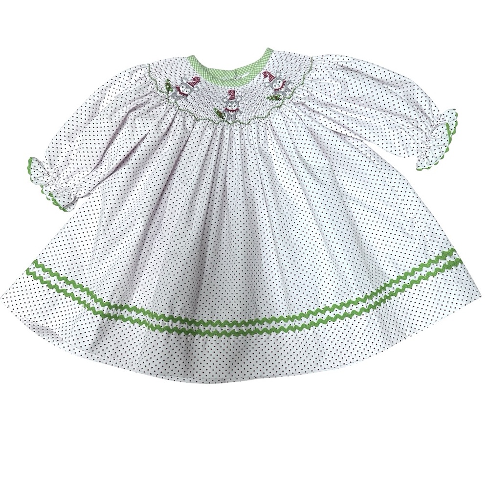 Stellybelly Girls Elf Bears Smocked Embroidered Dress Sz 12M Red Dots Green Trim